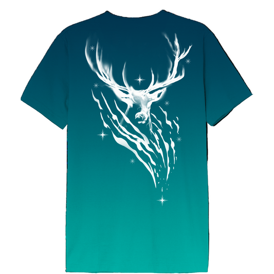 Dos du T-shirt Harry Potter Expecto Patronum Tie-Dye Officiel avec motif Patronus cerf blanc magique sur fond tie-dye bleu-vert, style unique et immersif.