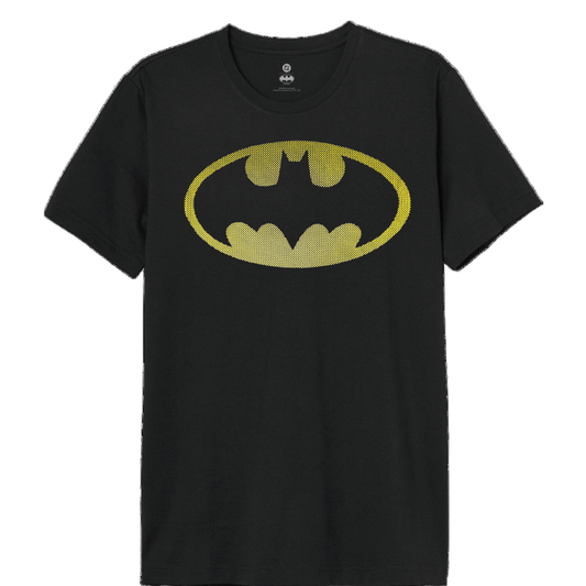 T-shirt homme BATMAN noir avec logo classique jaune en relief à pois en caoutchouc, style DC Comics pour fans de super-héros.