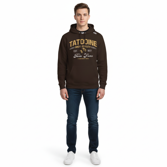 Sweat-shirt hoodie Star Wars Tatooine Twin Suns officiel pour homme, design rétro Mos Eisley en jaune sur fond marron. Modèle unisexe premium idéal pour fans de pop culture.