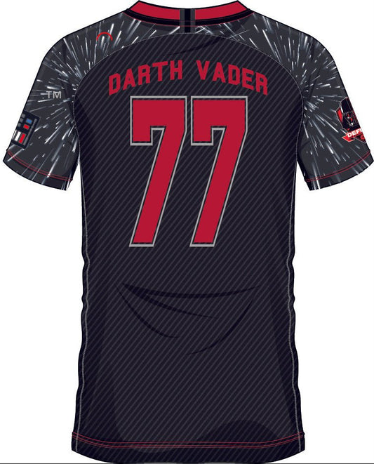 Dos du maillot SOCCER JERSEY DARTH VADER 77 avec nom Darth Vader et numéro 77 en rouge, décoré d'effets visuels inspirés de Star Wars.