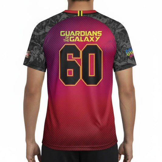 Dos du maillot GUARDIANS OF THE GALAXY 60 avec numéro 60 et logo Marvel, manches à motifs de personnages, style collector pour fans de foot.