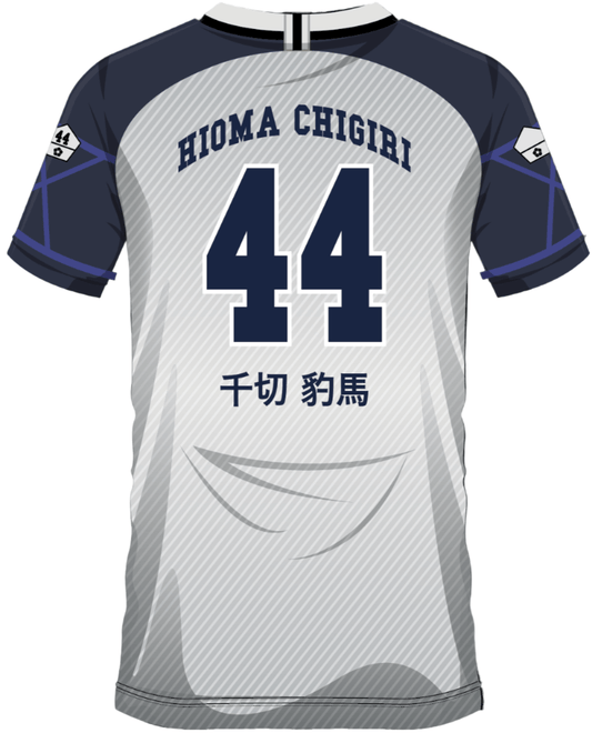 Dos du maillot SOCCER JERSEY HYOMA CHIGIRI 44 avec nom en anglais et japonais, design Blue Lock, idéal pour fans d’anime et sportswear.