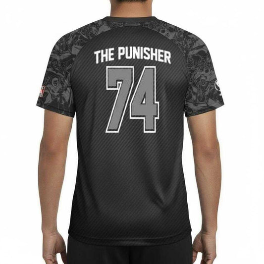Dos du maillot de football THE PUNISHER 74 avec lettrage blanc et numéro 74, design inspiré de Marvel pour collectionneurs et supporters.