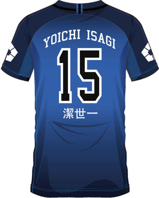 Dos du maillot SOCCER JERSEY YOICHI ISAGI 15 avec nom Yoichi Isagi, numéro 15 et caractères japonais, design inspiré de Blue Lock.
