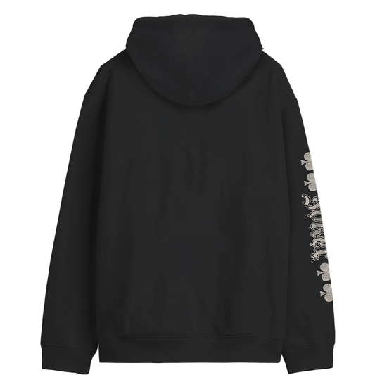Dos du hoodie Joker Smile Officiel Suicide Squad en coton noir, avec capuche et motif graphique sur la manche droite pour un look streetwear unique.
