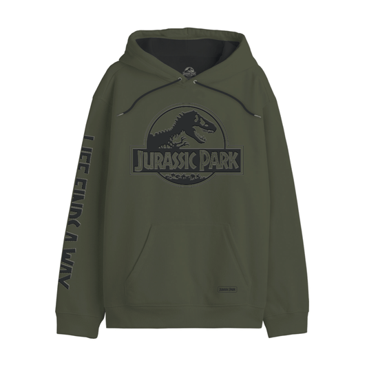 Sweat à capuche kaki Jurassic Park avec logo T-Rex officiel sur la poitrine et inscription 'Life Finds A Way' sur la manche. Hoodie pour fans de dinosaures.