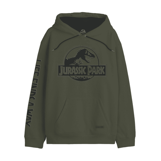 Sweat à capuche kaki Jurassic Park avec logo T-Rex officiel sur la poitrine et inscription 'Life Finds A Way' sur la manche. Hoodie pour fans de dinosaures.