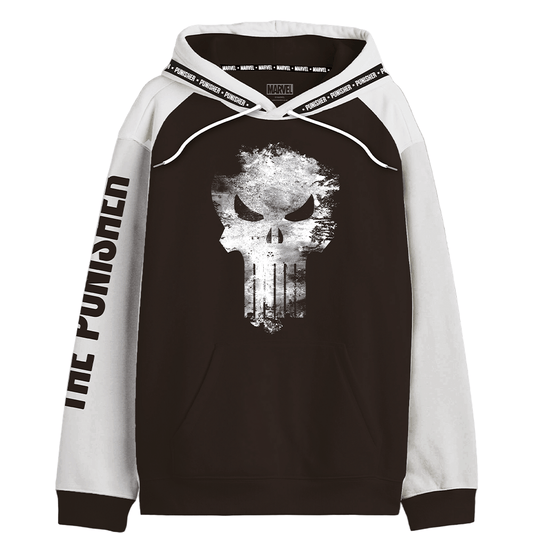 Sweat à capuche Marvel The Punisher officiel avec logo crâne distress blanc sur fond noir, manches blanches et cordons imprimés. Style bicolore unique.