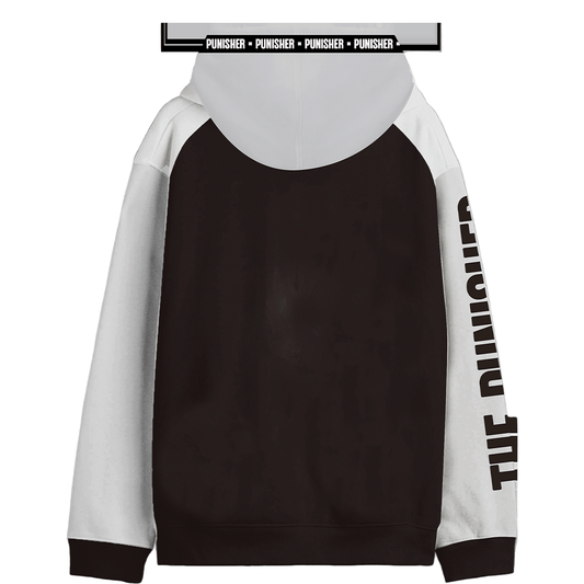 Vue arrière du hoodie Marvel The Punisher officiel, design noir et blanc avec capuche blanche et impression 'THE PUNISHER' sur la manche gauche.