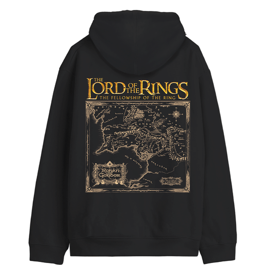Dos du hoodie Seigneur des Anneaux avec carte détaillée de la Terre du Milieu et logo The Fellowship of the Ring. Sweat-shirt stylé et geek.