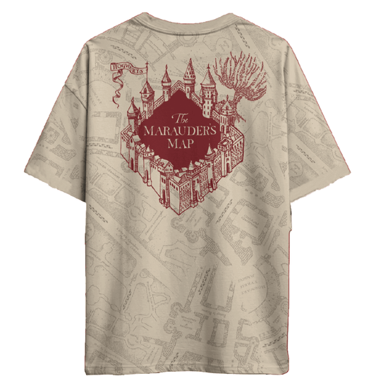 Dos du t-shirt Harry Potter Carte du Maraudeur Officiel avec illustration rouge du château de Poudlard et texte 'The Marauder's Map'.