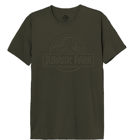 T-shirt Jurassic Park officiel vert kaki avec logo T-Rex en relief rubber print. Modèle homme en coton confortable, style stonewash tendance.