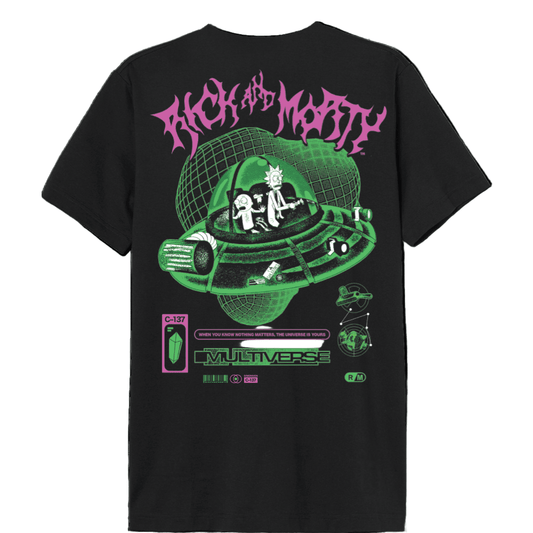 Dos du T-shirt Rick and Morty Multiverse Officiel avec sérigraphie néon de Rick et Morty dans leur vaisseau spatial, univers C-137.