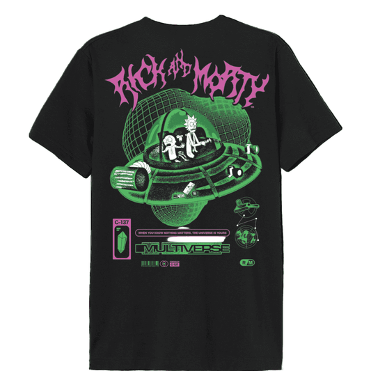 Dos du T-shirt Rick and Morty Multiverse Officiel avec sérigraphie néon de Rick et Morty dans leur vaisseau spatial, univers C-137.