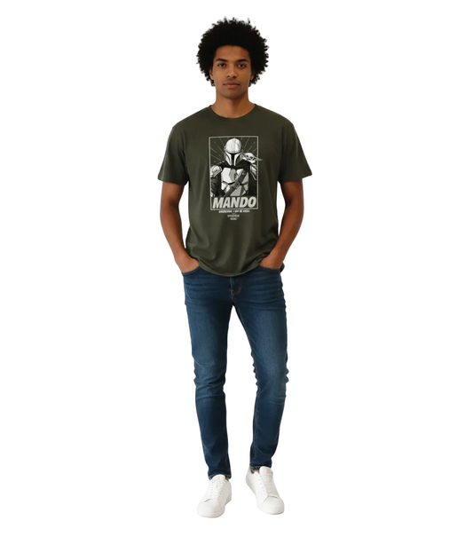 Men's olive green Mando graphic t-shirt, soft cotton material, perfect for casual wear.