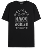 T-shirt Stranger Things - Welcome to the upside down - Legend Stuff noir avec texte inversé, style classique pour fans de la série Netflix culte.