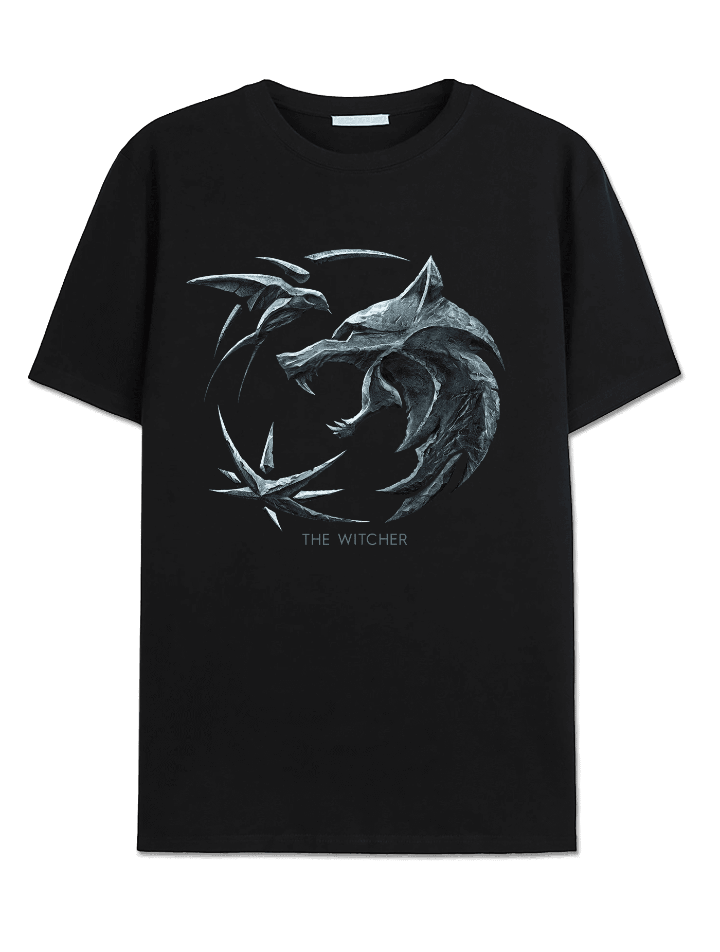 T-shirt The Witcher - The Wolf Logo - Legend Stuff noir avec logo emblématique du loup argenté, inspiré de la série Netflix. T-shirt classique pour homme, parfait pour les fans de la licence The Witcher.