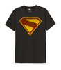 T-shirt Superman officiel noir avec logo flock rouge et jaune effet velours, coupe classique. Produit DC Comics chez Legend Stuff.