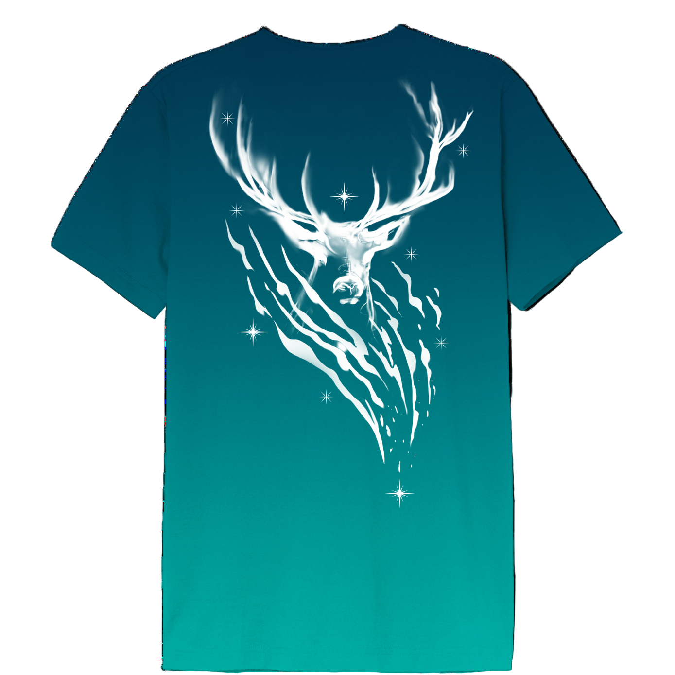 Dos du T-shirt Harry Potter Expecto Patronum Tie-Dye Officiel avec motif Patronus cerf blanc magique sur fond tie-dye bleu-vert, style unique et immersif.