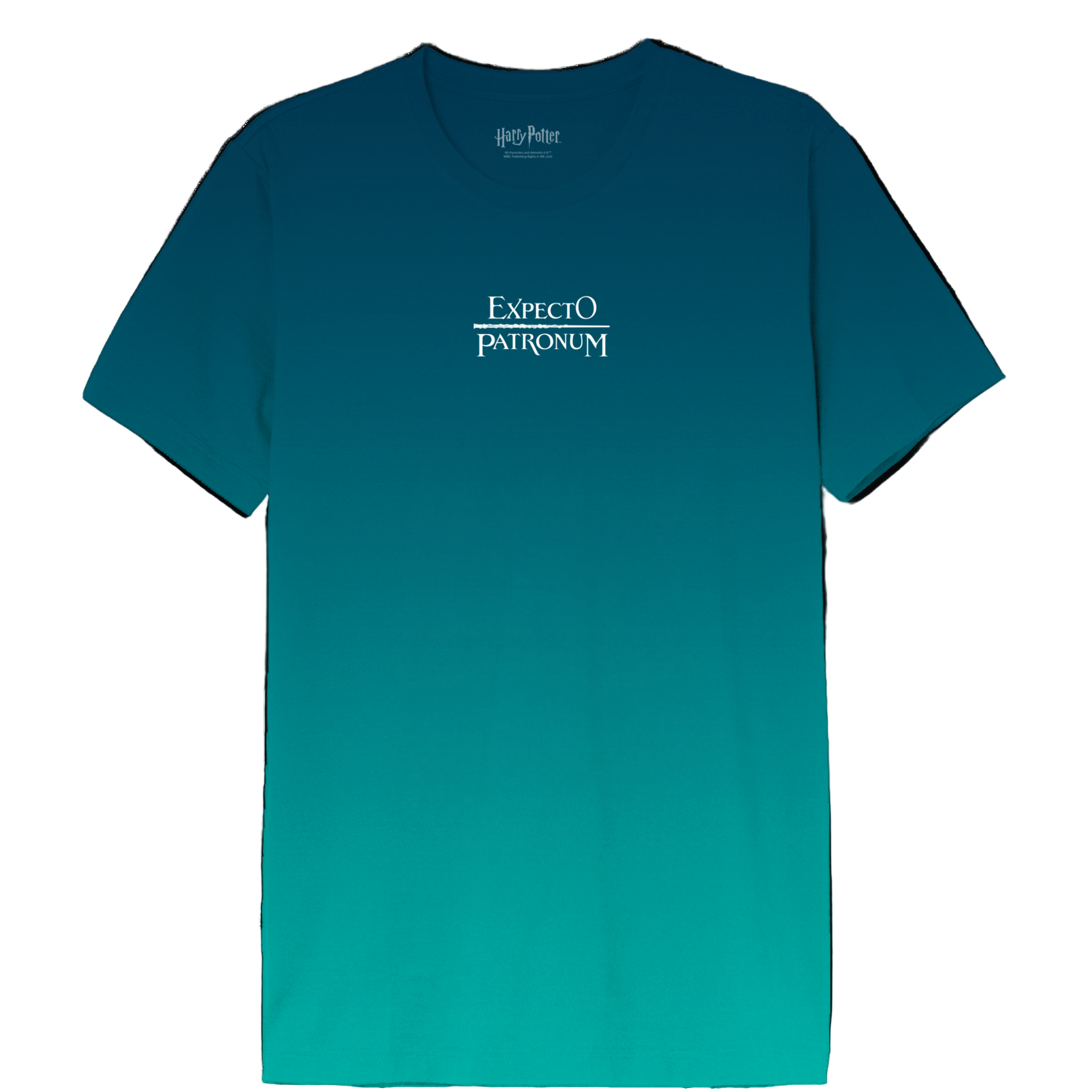 T-shirt Harry Potter Expecto Patronum Tie-Dye Officiel avec logo blanc sur fond dégradé bleu-vert, col rond en coton 100% pour fans de Poudlard.