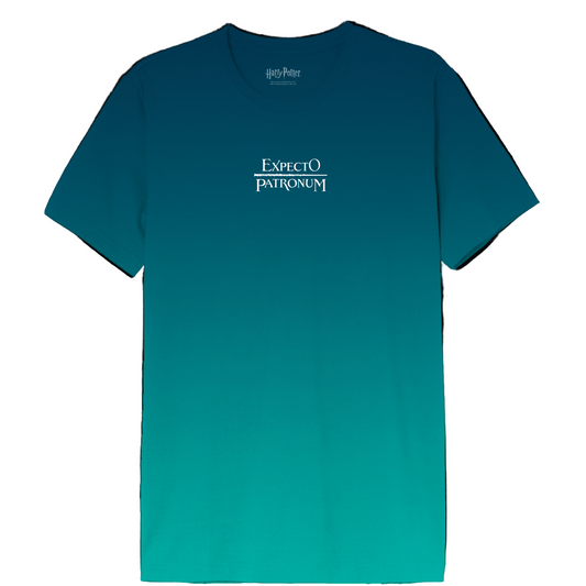 T-shirt Harry Potter Expecto Patronum Tie-Dye Officiel avec logo blanc sur fond dégradé bleu-vert, col rond en coton 100% pour fans de Poudlard.