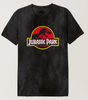 T-shirt noir effet stonewashed avec logo Jurassic Park rouge et jaune centré, style rétro sous licence officielle pour fans de cinéma.