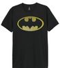 T-shirt homme BATMAN noir avec logo classique jaune en relief à pois en caoutchouc, style DC Comics pour fans de super-héros.
