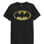 T-shirt homme BATMAN noir avec logo classique jaune en relief à pois en caoutchouc, style DC Comics pour fans de super-héros.