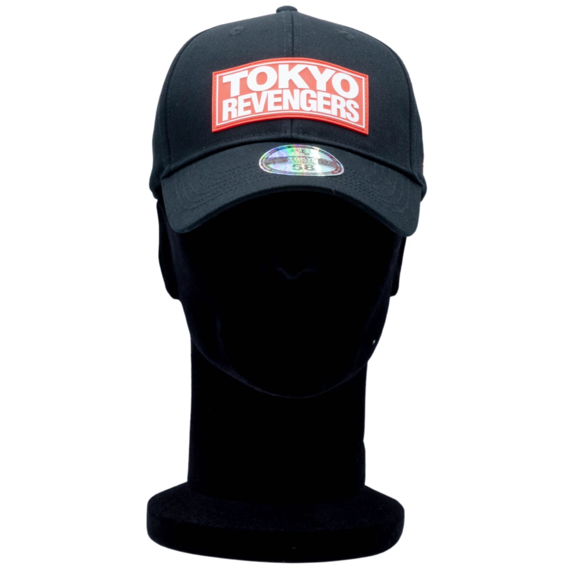 Casquette TOKYO REVENGERS noire avec logo rouge et blanc brodé sur l'avant, style manga, idéale pour fans d'anime et streetwear tendance.
