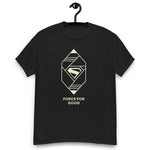 T-shirt noir avec design géométrique Force for Good inspiré du nouveau film Superman 2025, logo emblématique stylisé en beige.