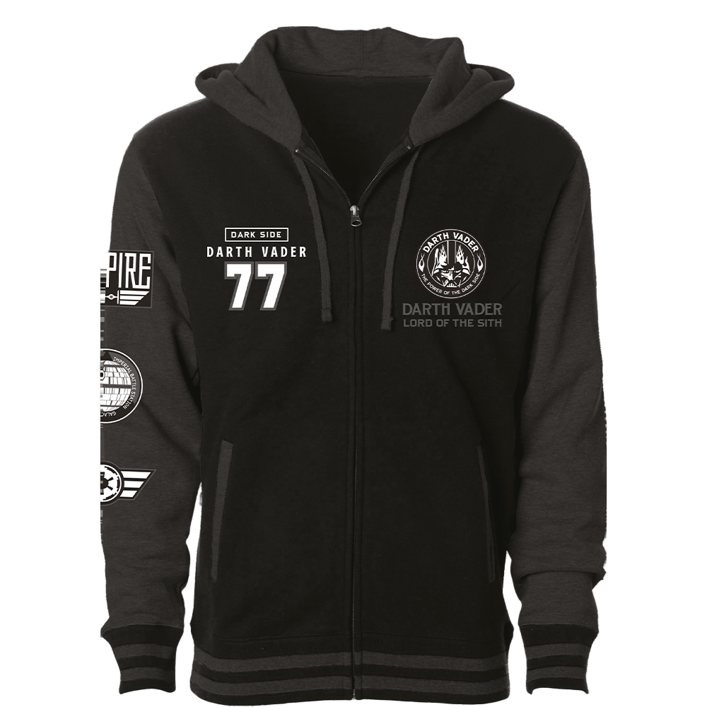 Hoodie Star Wars Darth Vader Officiel – Dark Side noir zippé avec logos Empire et patchs brodés. Sweat-shirt homme stylé pour fans de la saga.