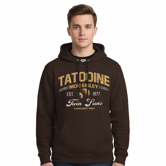 Sweat-shirt hoodie Star Wars Tatooine Twin Suns Officiel pour homme, design rétro avec deux soleils et texte Mos Eisley, couleur marron foncé.