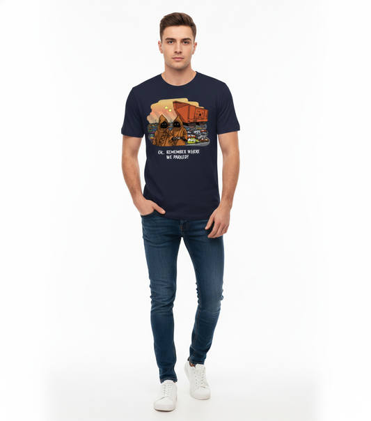 T-shirt Star Wars – Jawas & Sandcrawler "Où a-t-on garé ?" – Design Humour Officiel