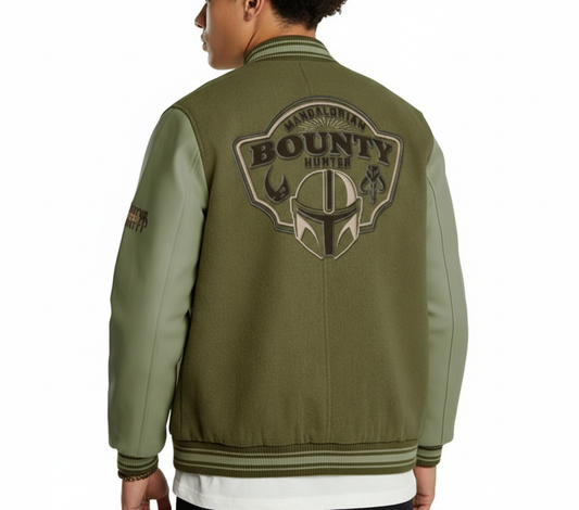 Men's Mandalorian Bounty Hunter jacket in olive green, featuring a bold graphic logo on the back.