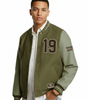 Men's green varsity jacket with leather sleeves and '19' patch, stylish and sporty design.
