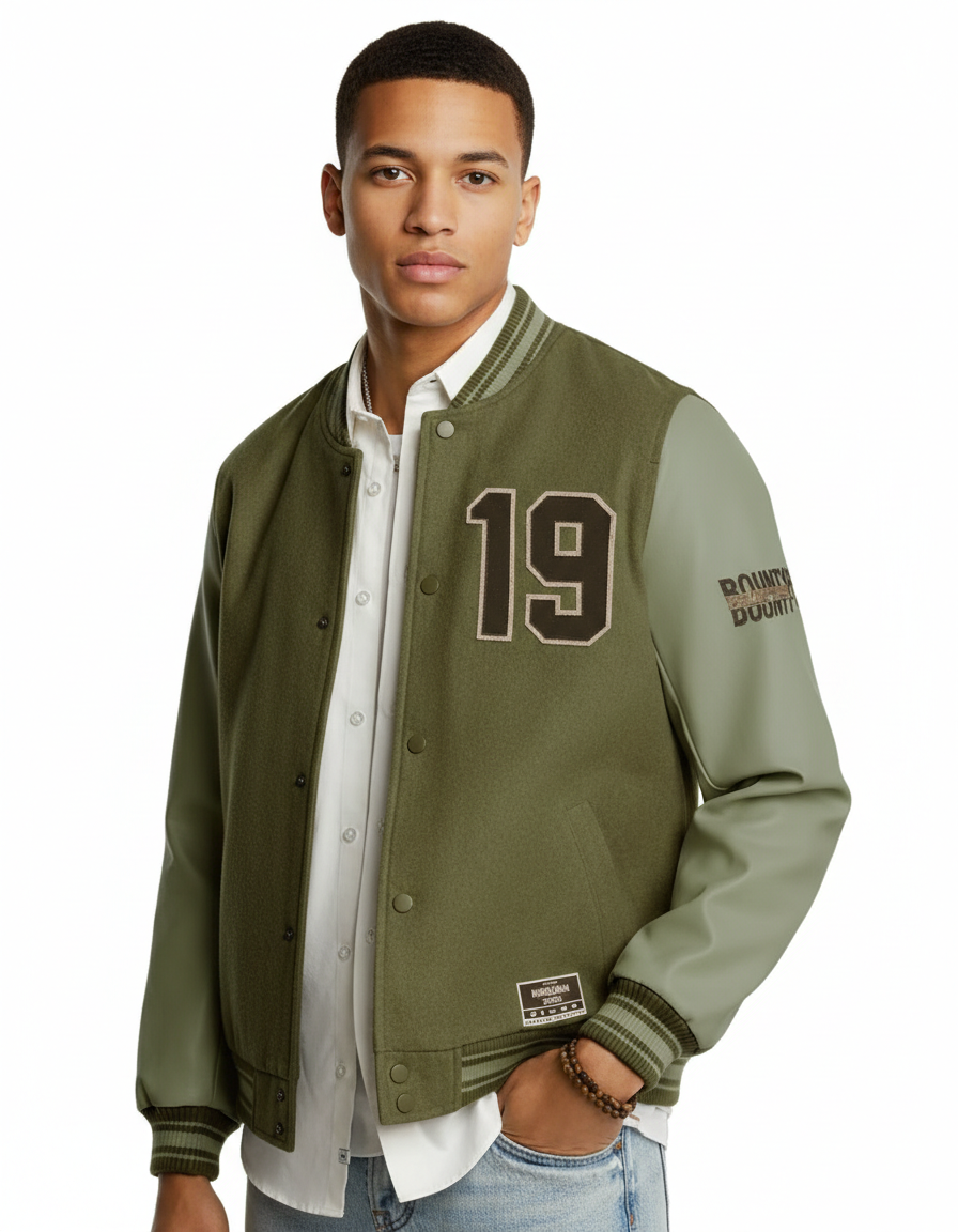 Men's green varsity jacket with leather sleeves and '19' patch, stylish and sporty design.