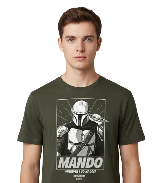 Men's olive green t-shirt featuring Mandalorian and Grogu graphic design