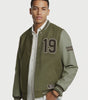 Men's olive green varsity jacket with number 19 and leather sleeves, stylish and comfortable.