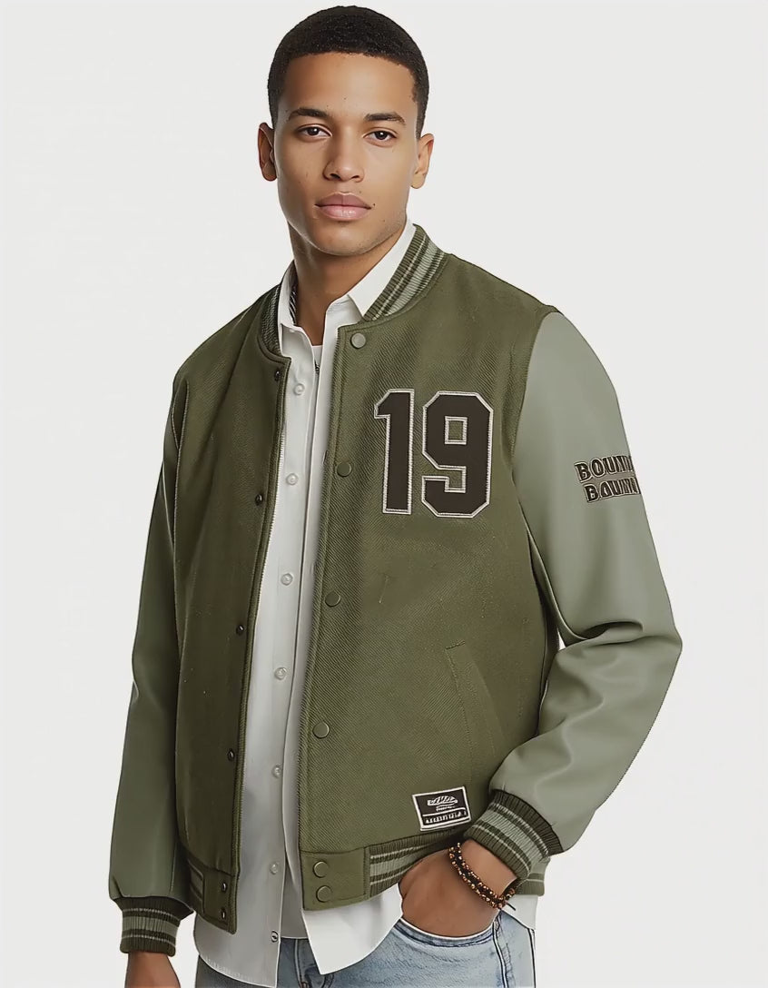 Men's olive green varsity jacket with number 19 and leather sleeves, stylish and comfortable.