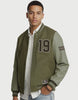 Men's olive green varsity jacket with number 19 and leather sleeves, stylish and comfortable.