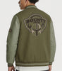 Men's green bomber jacket featuring Mandalorian Bounty Hunter back patch detail.