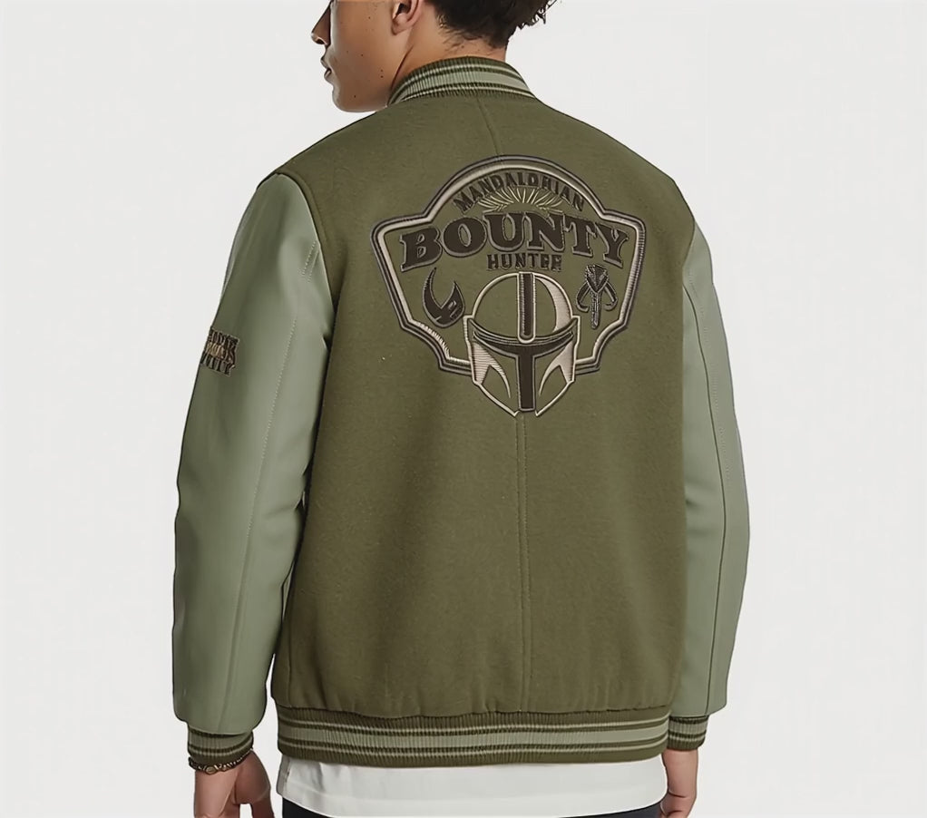 Men's green bomber jacket featuring Mandalorian Bounty Hunter back patch detail.