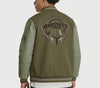 Men's green bomber jacket featuring Mandalorian Bounty Hunter back patch detail.
