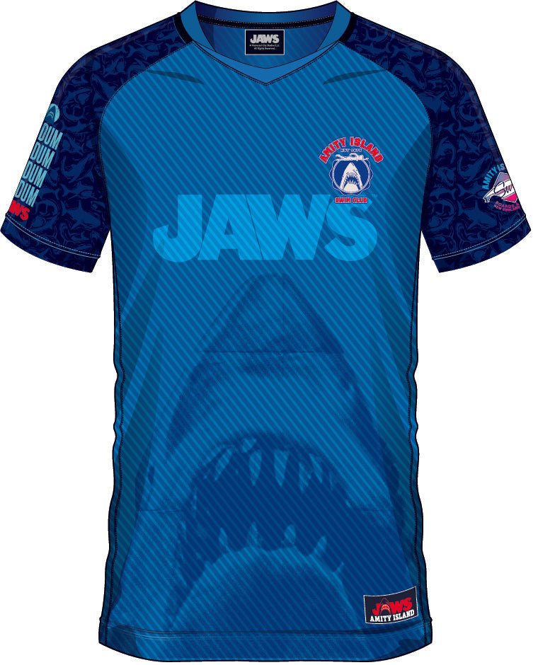 Maillot de football collector bleu SOCCER JERSEY AMITY ISLAND 75 avec logo Jaws et requin en impression frontale, licence officielle Jaws.