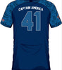 Vue arrière du maillot Captain America 41 avec design rayé et nom du héros, pièce de collection pour passionnés de Marvel et de football.