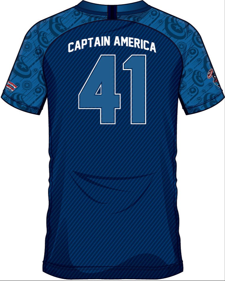 Vue arrière du maillot Captain America 41 avec design rayé et nom du héros, pièce de collection pour passionnés de Marvel et de football.