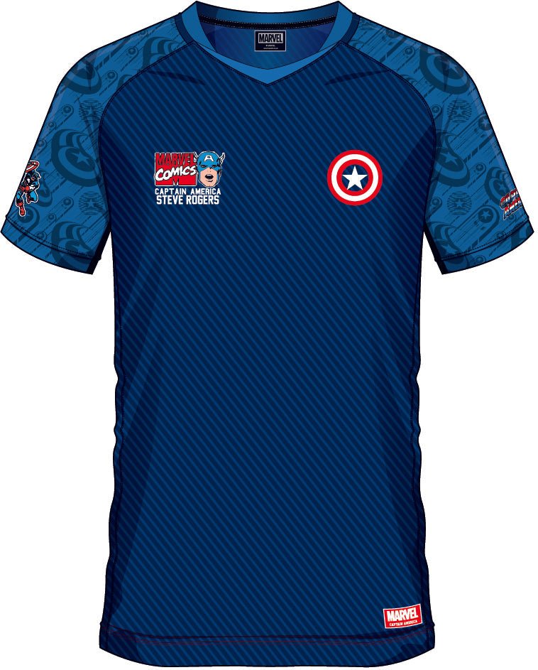 T-shirt Marvel Captain America 41 avec détails graphiques sur les manches et logos Marvel Comics, conçu pour les fans de sport et de super-héros.