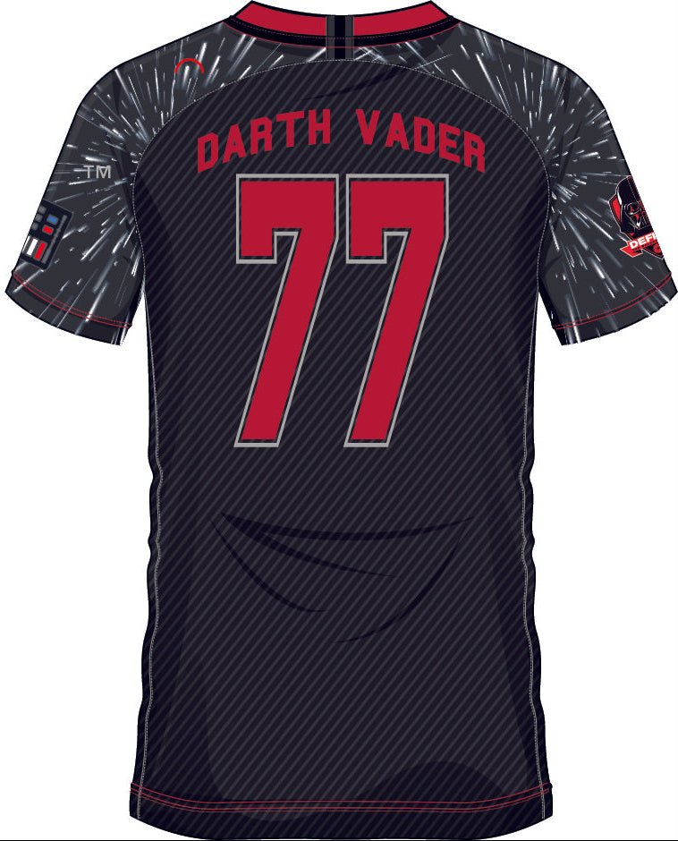 Dos du maillot SOCCER JERSEY DARTH VADER 77 avec nom Darth Vader et numéro 77 en rouge, décoré d'effets visuels inspirés de Star Wars.