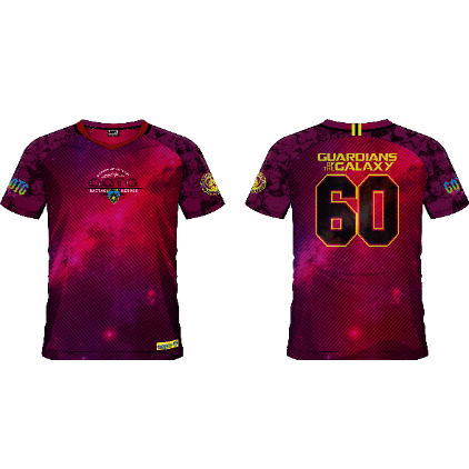 Vue avant et arrière du maillot GUARDIANS OF THE GALAXY 60, t-shirt Marvel rouge avec détails graphiques, idéal pour collectionneurs sportifs.