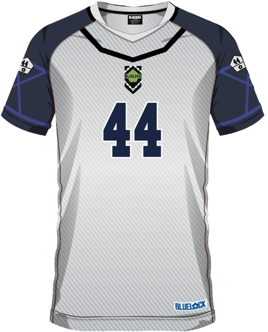 Maillot de football SOCCER JERSEY HYOMA CHIGIRI 44 inspiré de Blue Lock, avec le numéro 44 sur fond gris et bleu, catégorie uniformes sportifs.